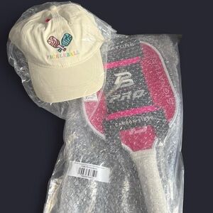 PBPro Signature Carbon Fiber Pink & White Pickleball Paddle & Pickleball Hat NEW